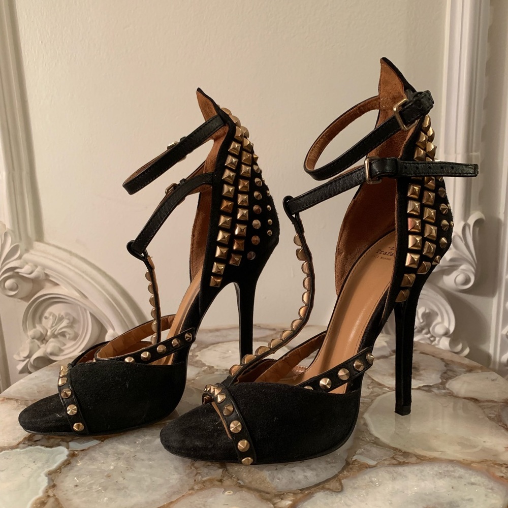 Gold Studded Black Suede Strappy Heels Zara sz 37